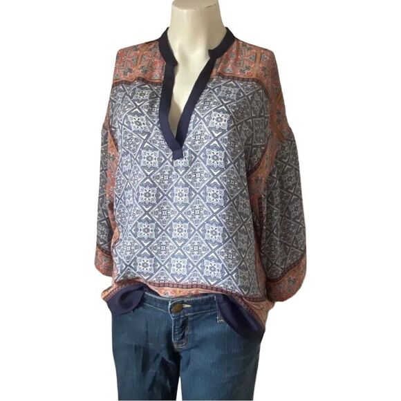 Zara Multicolor Print 3/4 Kimono Sleeve Oversized Boho Vneck Tunic Blouse - Picture 2 of 11